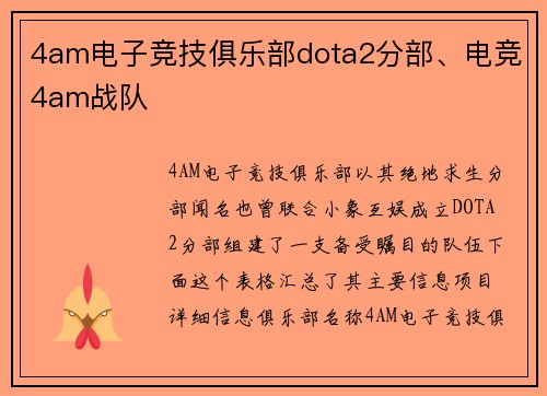 4am电子竞技俱乐部dota2分部、电竞4am战队